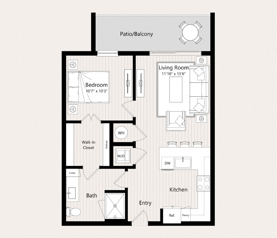 Floor plan for 1 bed, 1 bath, 644 sqft